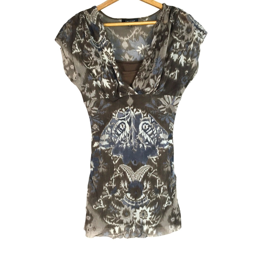 Karen Kane Women XL Sheer Overlay Draped Neck Print Baby Doll Tunic Top Blouse‎